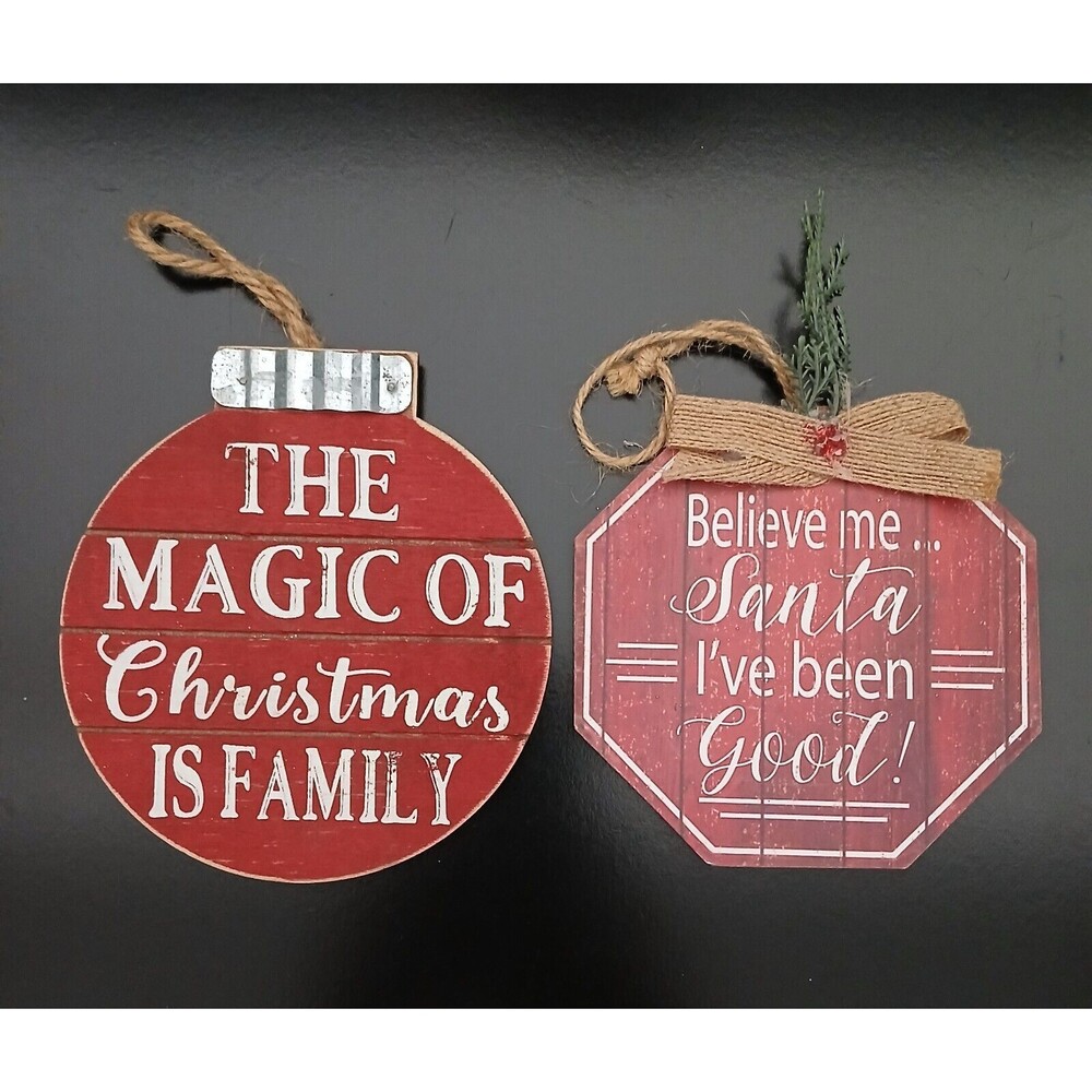 Set of 2-Wood Christmas Ornaments Round & Stop Sign Holiday Tree Decorations